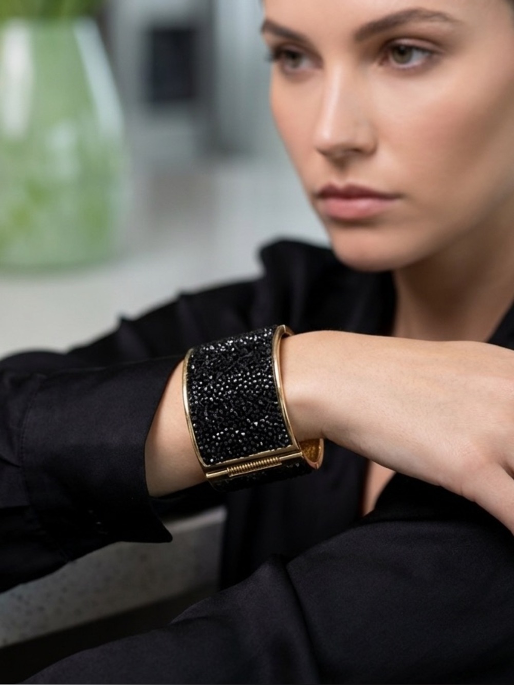 Gold Cuff Smart Bracelet with Black Crystal Finish